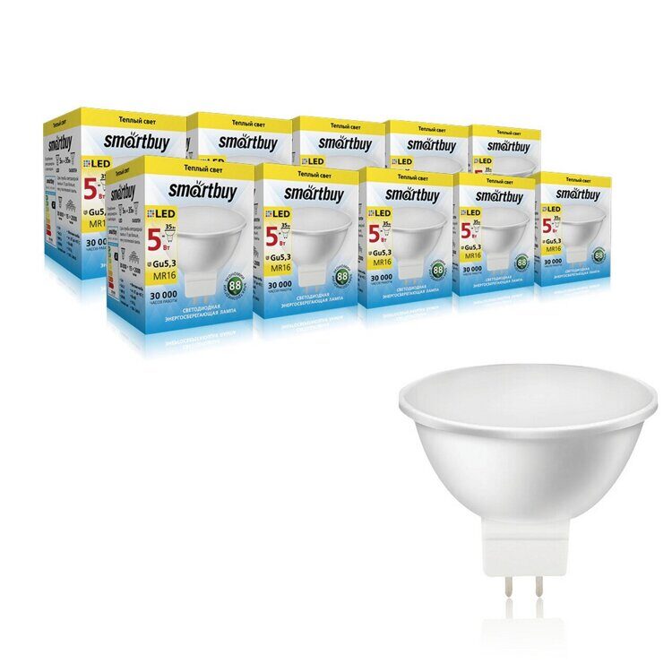 Лампа светодиодная LED Smartbuy, MR16, GU5.3, 5W, 3000К